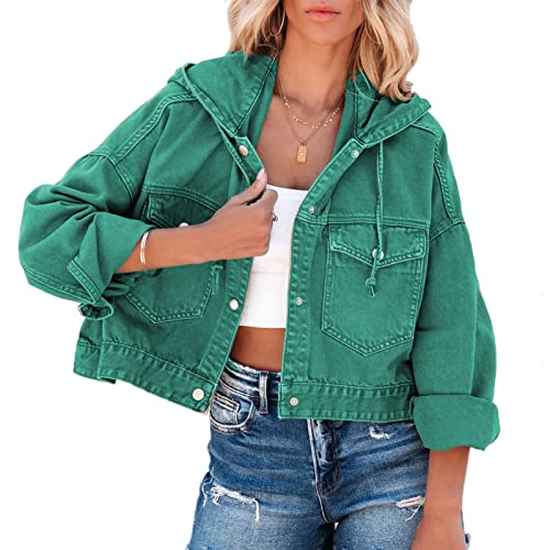 GOTOTOP Damen Kurze Jeansjacke Leichte Button Down Übergangsjacke Oversized Cardigan mit Hut (L) von GOTOTOP