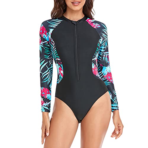 GOTOTOP Damen Langarm Surfen Badeanzug, Brustreißverschluss Slim Fit Print Stitching Badeanzug Bauchkontrolle Badeanzug(S-Grüne Blätter) von GOTOTOP