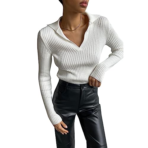 GOTOTOP Damen Revers Pullover Feinstrick Sweatshirts Basic Tunika Langarm Bodycon Slim Fit Oberteil (M) von GOTOTOP