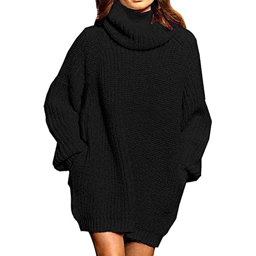 GOTOTOP Damen Rollkragen Grob Strickkleid Oversize Langarm Lose Pullover Minikleid mit Tasche(L-Schwarz) von GOTOTOP