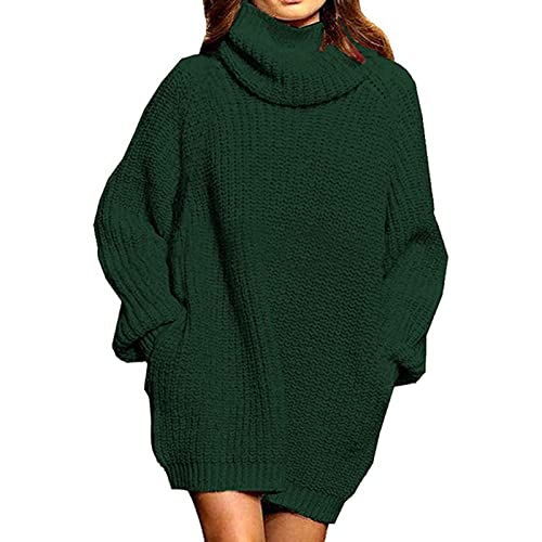 GOTOTOP Damen Rollkragen Grob Strickkleid Oversize Langarm Lose Pullover Minikleid mit Tasche(S-Grün) von GOTOTOP