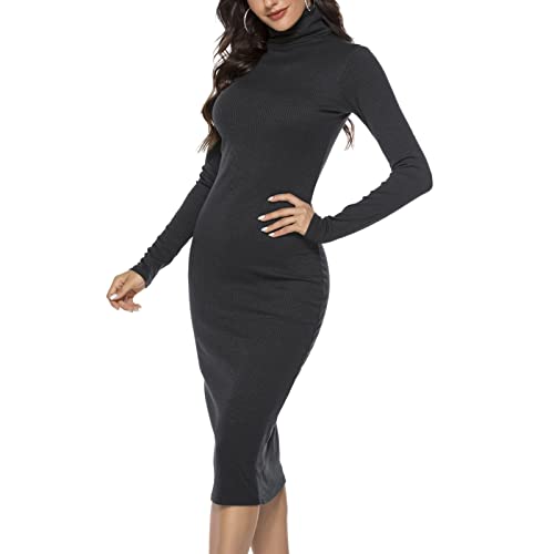 GOTOTOP Damen Rollkragen Kleid Langarm Elegant Rippstrickpullover Winter Rollkragen Stretchy Bodycon Midi Wickelkleid(L-Schwarz) von GOTOTOP