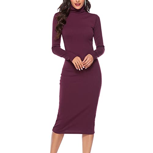 GOTOTOP Damen Rollkragen Kleid Langarm Elegant Rippstrickpullover Winter Rollkragen Stretchy Bodycon Midi Wickelkleid(S-Weinrot) von GOTOTOP