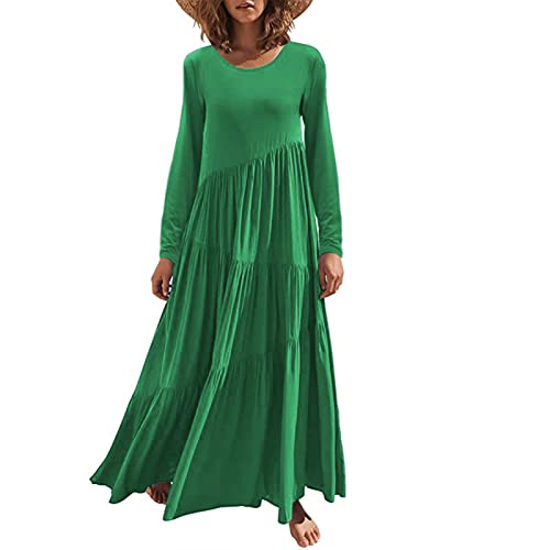 GOTOTOP Damen-Rüschennähte, Geschichtetes Maxikleid für Den Herbst, Kausales Rundhals-Langarmkleid mit Hoher Taille und Reiner Farbe(L-Grün) von GOTOTOP