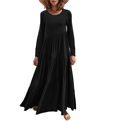 GOTOTOP Damen-Rüschennähte, Geschichtetes Maxikleid für Den Herbst, Kausales Rundhals-Langarmkleid mit Hoher Taille und Reiner Farbe(XL-Schwarz) von GOTOTOP