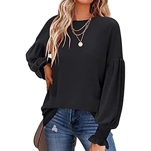 GOTOTOP Damen Rundhals Langarmshirts Sweatshirts Laternenärmel mit Spitze Oberteile Top(L-Schwarz) von GOTOTOP