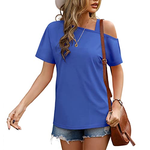 GOTOTOP Damen Schulterfrei Top Basic T-Shirt Kurzarm Locker Sommer Oberteile Casual Tunika Blusen(M-Blau) von GOTOTOP