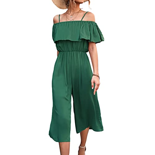 GOTOTOP Damen Sommer Jumpsuit Schulterfreies Overalls Tunika Plissee Spagettiträger Romper Sexy Casual Weißes Bein Hosenanzug Playsuit(L-Grün) von GOTOTOP