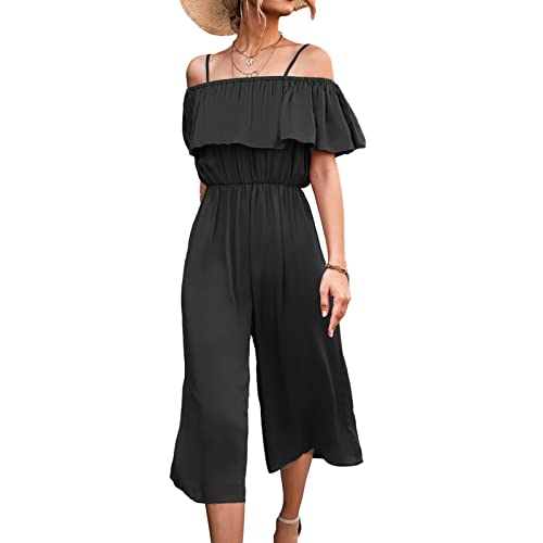 GOTOTOP Damen Sommer Jumpsuit Schulterfreies Overalls Tunika Plissee Spagettiträger Romper Sexy Casual Weißes Bein Hosenanzug Playsuit(XL-Schwarz) von GOTOTOP