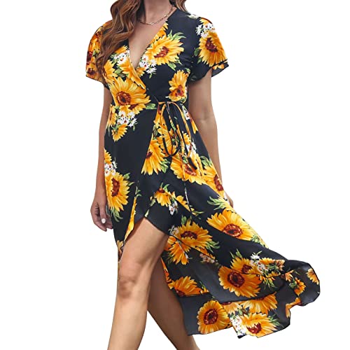 GOTOTOP Damen-Sommer-Wickelkleid mit V-Ausschnitt, Schickes, Geteiltes, Kurzärmliges, Elegantes Blumendruck-Kleid mit Gürtel und Rüschensaum(M-Sonnenblume auf Schwarz) von GOTOTOP