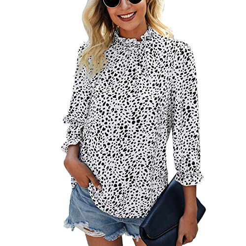 GOTOTOP Damen V Ausschnitt Langarmshirts Blusehemd Stehkragen Rüschenhals Puffärmel Oberteile Elegant Tops(L-Weiß) von GOTOTOP