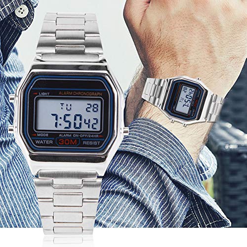 GOTOTOP Digitale Armbanduhr mit Edelstahlarmband, Rechteckige Armbanduhr mit Hintergrundbeleuchtung, 12/24-Stunden-Anzeige, Datum, Woche, Alarm, Chronograph(Silber) von GOTOTOP