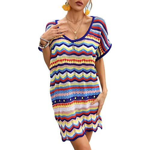 GOTOTOP Frauen Bunte Wellenstreifen Aushöhlen Häkelkleid Bademode V-Ausschnitt Kurzarm Bikini Coverup Quaste Kleid (L) von GOTOTOP