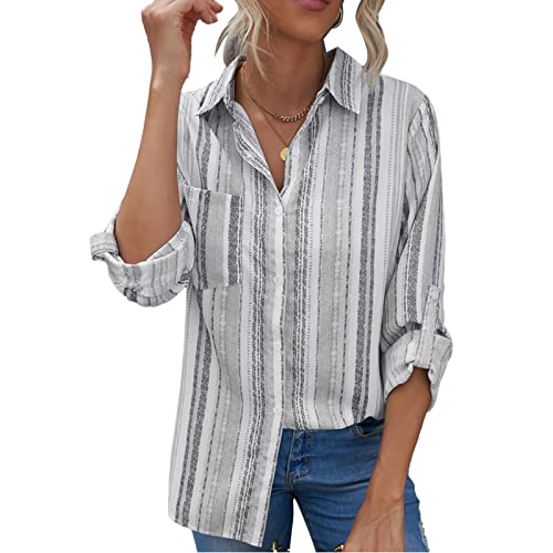 GOTOTOP Frauen-Revers-vertikale Streifen-Langarm-Hemd-lose Button-Down-Blusenoberteile mit Taschen(XXL-Schwarz) von GOTOTOP