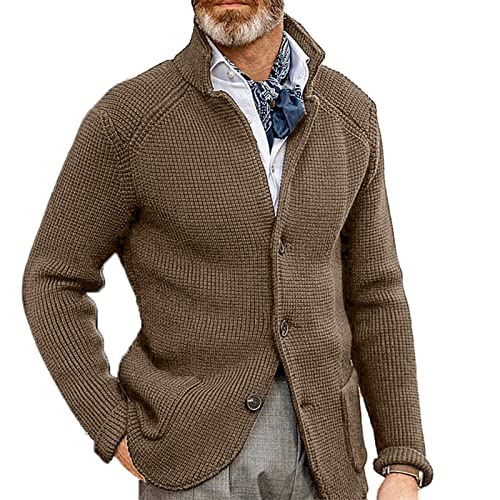 GOTOTOP Herren Stehkragen Strickjacke Casual Grobstrick Hemdjacke Cardigan Basic mit Tasche(XL-Khaki) von GOTOTOP