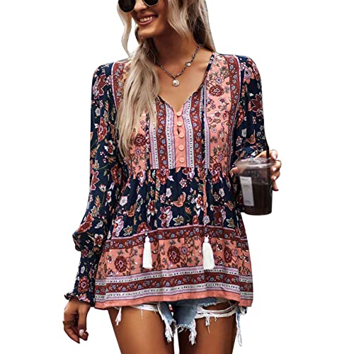 GOTOTOP Lässiger Boho-Blumendruck für Damen mit V-Ausschnitt, Langen Ärmeln, Lockeren Blusen, Hemden, Oberteilen(XL-Navy blau) von GOTOTOP