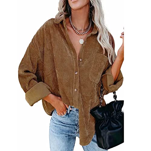 GOTOTOP Langarm Cordhemd Knopfverschluss Bluse Cordoberteile mit Tasche für Damen(L-Braun) von GOTOTOP