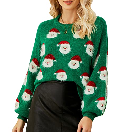 GOTOTOP Weihnachten Santa Rundhals Langarm Strickpullover Damen Sweatshirt Pullover Lustiger Pullover(M-Grün) von GOTOTOP