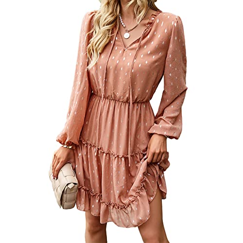 Polka Dot Dress Damenrock in A-Linie Bedrucktes Kleid mit V-Ausschnitt und Animierten Puffärmeln(XXL-Champagner) von GOTOTOP