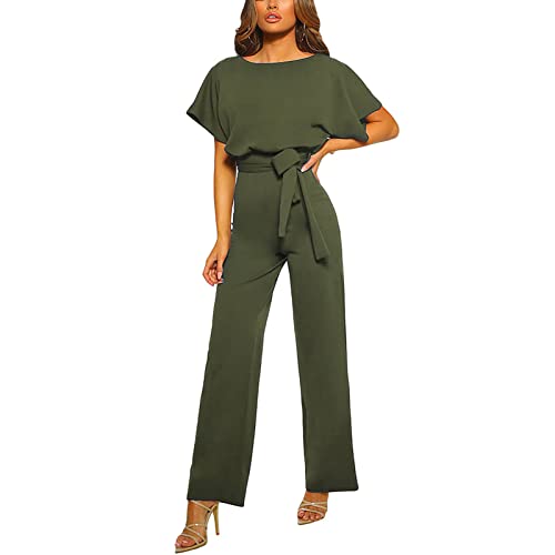 GOTOTOP Damen O-Ausschnitt Kurzarm Lang Jumpsuit Elegant Weite Bein Overall Romper Playsuit Hosenanzug mit Gürtel(L-Grün) von GOTOTOP