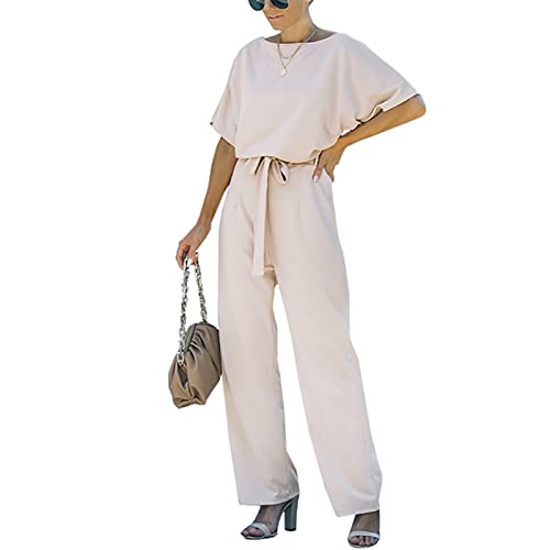 Rundhals-Overall mit Kurzarm-Design Weite Bein-Strampler Pure Color Long Jumpsuit mit Gürtel(M-Khaki) von GOTOTOP