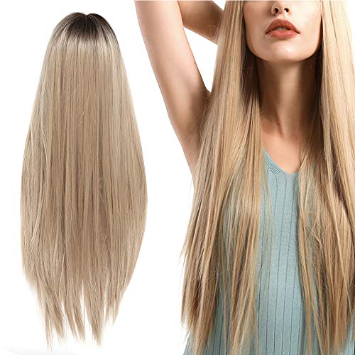 Synthetische weibliche Perücken, Front Lace Lady Perücke Pony Langes glattes blondes Haar Synthetisches hitzebeständiges Faserhaar für Frauen 70cm von Jonlaki