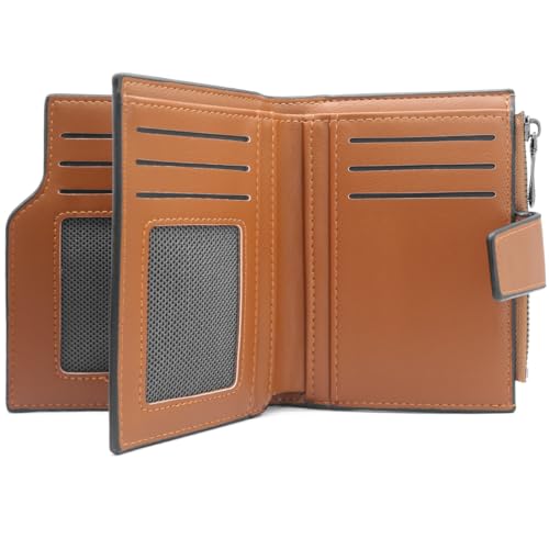 GOUNNU Geldbeutel Klein Damen PU Leder Mini Geldbörse Damen Klein und im Kurzformat Portemonnaie Damen Viele Fächer Portmonee Damen mit 15 Kartenfächer und Reißverschluss Münzfach (A-braun) von GOUNNU