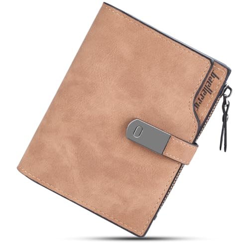 GOUNNU Geldbeutel Klein Damen PU Leder Mini Geldbörse Klein und im Kurzformat Portemonnaie Damen Viele Fächer Portmonee mit 16 Kartenfächer und Reißverschluss Münzfach, Braun von GOUNNU