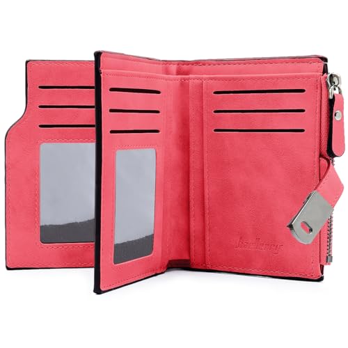 GOUNNU Geldbeutel Klein Damen PU Leder Mini Geldbörse Damen Klein und im Kurzformat Portemonnaie Viele Fächer Portmonee mit 16 Kartenfächer und Reißverschluss Münzfach (rot) von GOUNNU