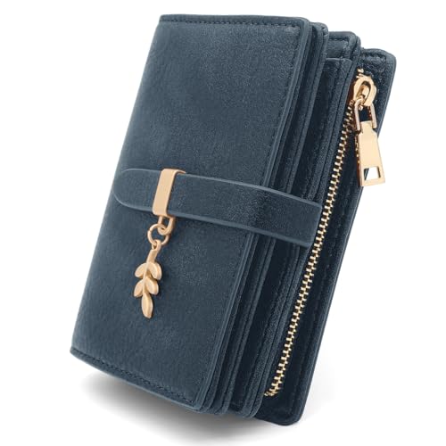 GOUNNU Geldbörse Damen Klein, Portemonnaie Damen für Frauen PU Leder Mini portmonee mit RFID und mit Reißverschluss Münzfach Druckknopf und mit 17 Kartenfächer, Kurzformat(Blau) von GOUNNU