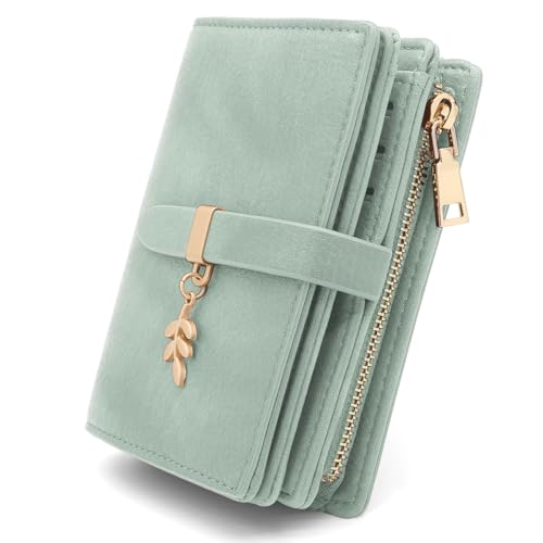 GOUNNU Geldbörse Damen Klein Portemonnaie Damen PU Leder Portmonee mit RFID Blockierung Kleines Geldbeutel und Reißverschluss Münzfach Druckknopf und 17 Kartenfächer Kurzformat Portmonee (Grün) von GOUNNU