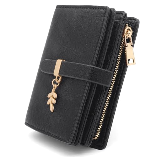 GOUNNU Geldbörse Damen Klein Portemonnaie Damen PU Leder Portmonee mit RFID Blockierung Kleines Geldbeutel und Reißverschluss Münzfach Druckknopf und 17 Kartenfächer Kurzformat Portmonee (Schwarz) von GOUNNU