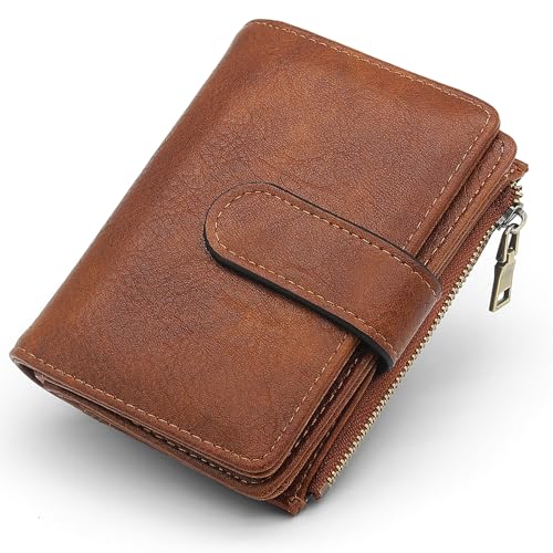 GOUNNU Geldbörse Damen Klein Portemonnaie Damen PU Leder Kleines Portmonee RFID Blockierung Geldbeutel mit Reißverschluss Münzfach und 17 Kartenfächer Kurzformat Portmonee (Braun) von GOUNNU