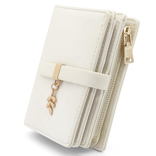 GOUNNU Geldbörse Damen Klein Portemonnaie Damen PU Leder Portemonnaie mit RFID Blockierung Kleines Geldbeutel und Reißverschluss Druckknopf und 17 Kartenfächer Portmonee (Beige) von GOUNNU