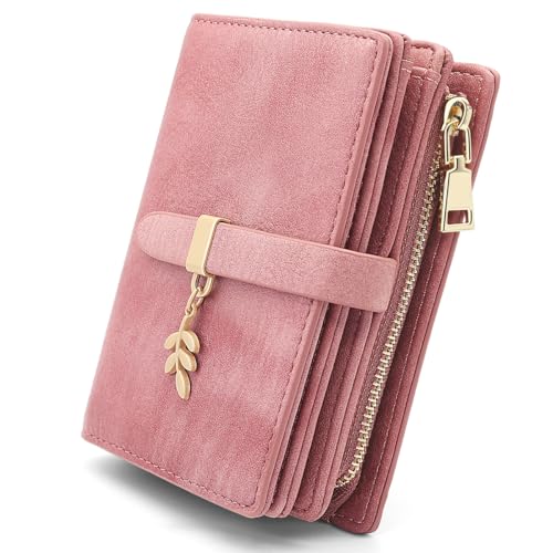 GOUNNU Geldbörse Damen Klein Portemonnaie Damen PU Leder Portemonnaie mit RFID Blockierung Kleines Geldbeutel und Reißverschluss Druckknopf und 17 Kartenfächer Portmonee (Rosa) von GOUNNU