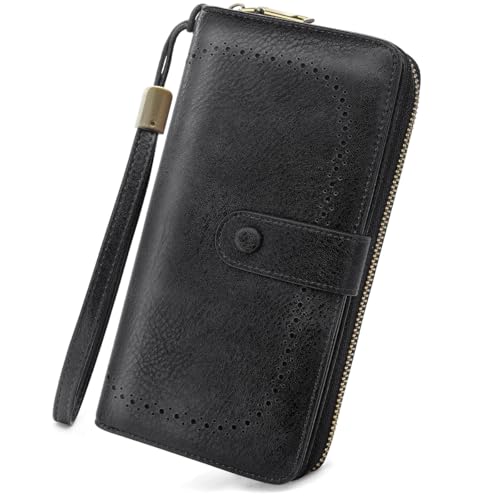 GOUNNU Geldbörse Damen Leder Vintage Frauen Geldbeutel RFID Schutz Geldtasche Frauen Portemonnaie Brieftasche Groß, Portemonnaiemehrere Kartenfächer Geldbörsen mit Reißverschluss Kette und Lanyard von GOUNNU