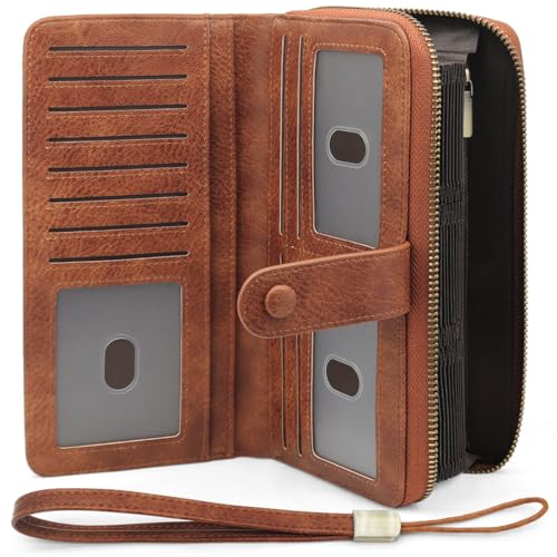 GOUNNU Geldbörse Damen Leder Vintage Frauen Geldbeutel RFID Schutz Geldtasche Frauen Multifunktionale Damen Brieftasche Groß mit 45 Kartenfächer und Handgelenkschlaufe Portemonnaie Lang (Braun-1) von GOUNNU