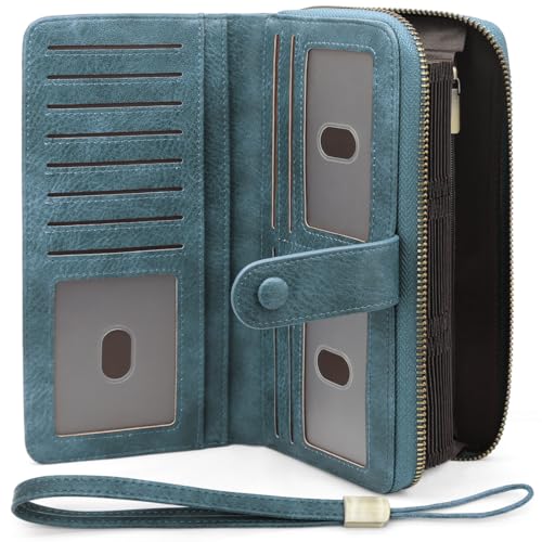 GOUNNU Geldbörse Damen Leder Vintage Frauen Geldbeutel RFID Schutz Geldtasche Frauen Multifunktionale Damen Brieftasche Groß mit 45 Kartenfächer und Handgelenkschlaufe Portemonnaie Lang (Dunkelblau-1) von GOUNNU