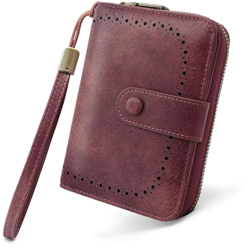 GOUNNU Geldbörse Damen klein, Geldbeutel RFID Schutz, Portemonnaie PU Leder, Kleiner Portmonee Damen mit vielen Kartenfächern und Handgelenkschlaufe Brieftasche Kurzformat (Weinrot) von GOUNNU