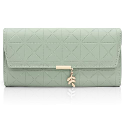 Geldbörse Damen im Langformat, Portemonnaie Gross für Frauen PU Leder mit 9 Kartenfächern Lang Portmonee Damen Geldbeutel groß mit Reißverschluss Münzfach und Vielen Fächern (B-grün) von GOUNNU