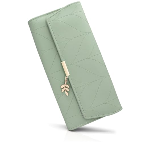 Geldbörse Damen im Langformat, Portemonnaie Gross für Frauen PU Leder mit 9 Kartenfächern Lang Portmonee Damen Geldbeutel groß mit Reißverschluss Münzfach und Vielen Fächern (C-grün) von GOUNNU