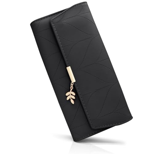 Geldbörse Damen im Langformat, Portemonnaie Gross für Frauen PU Leder mit 9 Kartenfächern Lang Portmonee Damen Geldbeutel groß mit Reißverschluss Münzfach und Vielen Fächern (C-schwarz) von GOUNNU