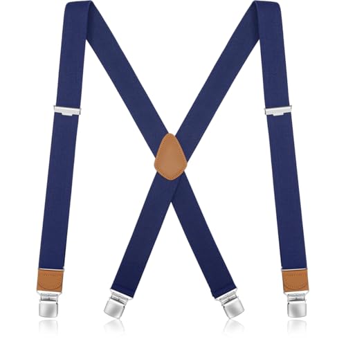 GOUNNU Hosenträger Herren Breit 3,5 cm mit 4 Metall Clips Hosenträger Elastic Verstellbare X-Rücken Einheitsgröße Herren Hosenträger Arbeitshose Extra Stark für Männer und Damen (Dunkelblau) von GOUNNU