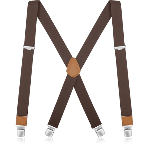 GOUNNU Hosenträger Herren Breit 3,5 cm mit 4 Metall Clips Hosenträger Elastic Verstellbare X-Rücken Einheitsgröße Herren Hosenträger Arbeitshose Extra Stark für Männer und Damen (Kaffee) von GOUNNU