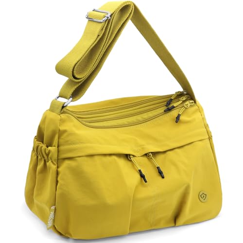 GOUNNU Umhängetasche Damen Große Kapazität Wasserdicht Nylon Crossbody Bag Freizeit Schultertasche Damen Handtasche Verstellbarer Breiter Schultergurt Messenger Leichte Vielen Fächern (Ingwergelb) von GOUNNU