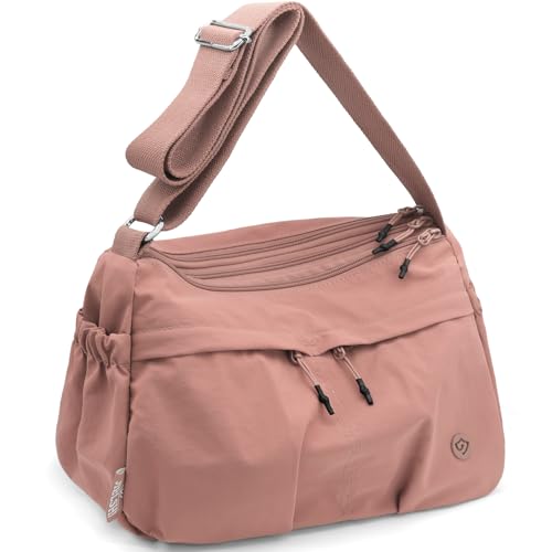 GOUNNU Umhängetasche Damen Mittelgroß Nylon Wasserdicht Crossbody Bag Freizeit Schultertasche Damen Handtasche Verstellbarer Breiter Schultergurt Messenger Leichte Vielen Fächern (Dunkelrosa) von GOUNNU