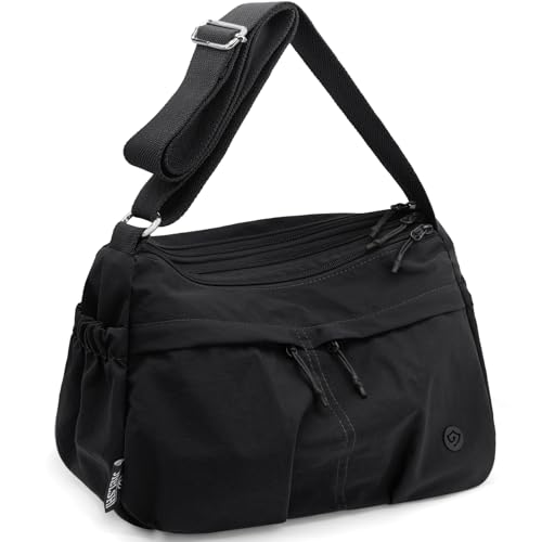 GOUNNU Umhängetasche Damen Mittelgroß Nylon Wasserdicht Crossbody Bag Freizeit Schultertasche Damen Handtasche Verstellbarer Breiter Schultergurt Messenger Leichte Vielen Fächern (Schwarz) von GOUNNU