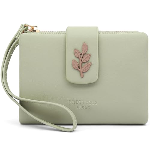 Geldbeutel Klein Damen PU Leder Damen Portemonnaie Klein und im Kurzformat RFID Damen Geldbörse mit Münzfach Kleines Zipper Brieftasche, Mini Portmonee Damen mit Kartenfächern und Armband(grün-1) von GOUNNU