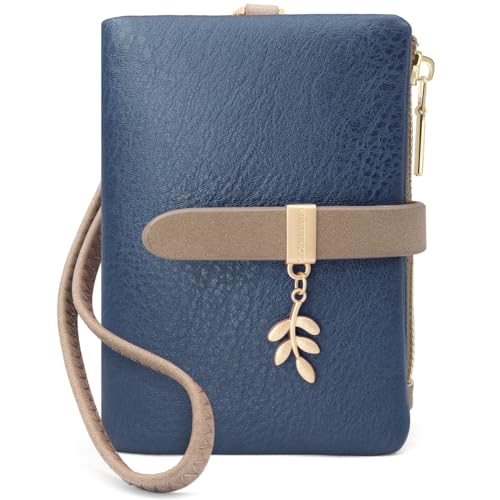 Geldbeutel Klein Damen PU Leder Damen Portemonnaie Klein und im Kurzformat RFID Damen Geldbörse mit Münzfach Kleines Zipper Brieftasche, Mini Portmonee Damen mit Kartenfächern und Armband (Dunkelblau) von GOUNNU