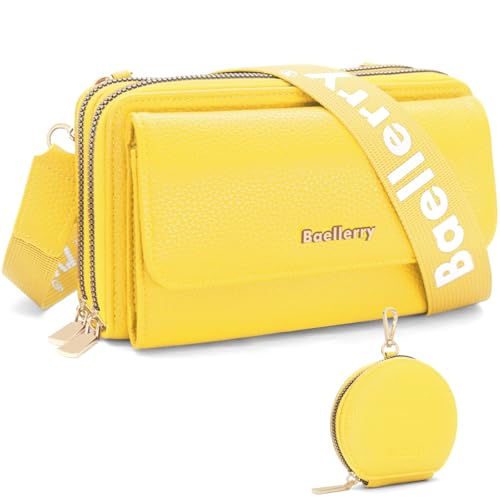 Handytasche zum Umhängetasche Damen Klein Umhängetasche Handy, Damen PU Leder Crossbody Schultertasche mit Kartenschlitz Geldbörse 3 Fächern Verstellbar Abnehmbar Schultergurt (Gelb) von GOUNNU